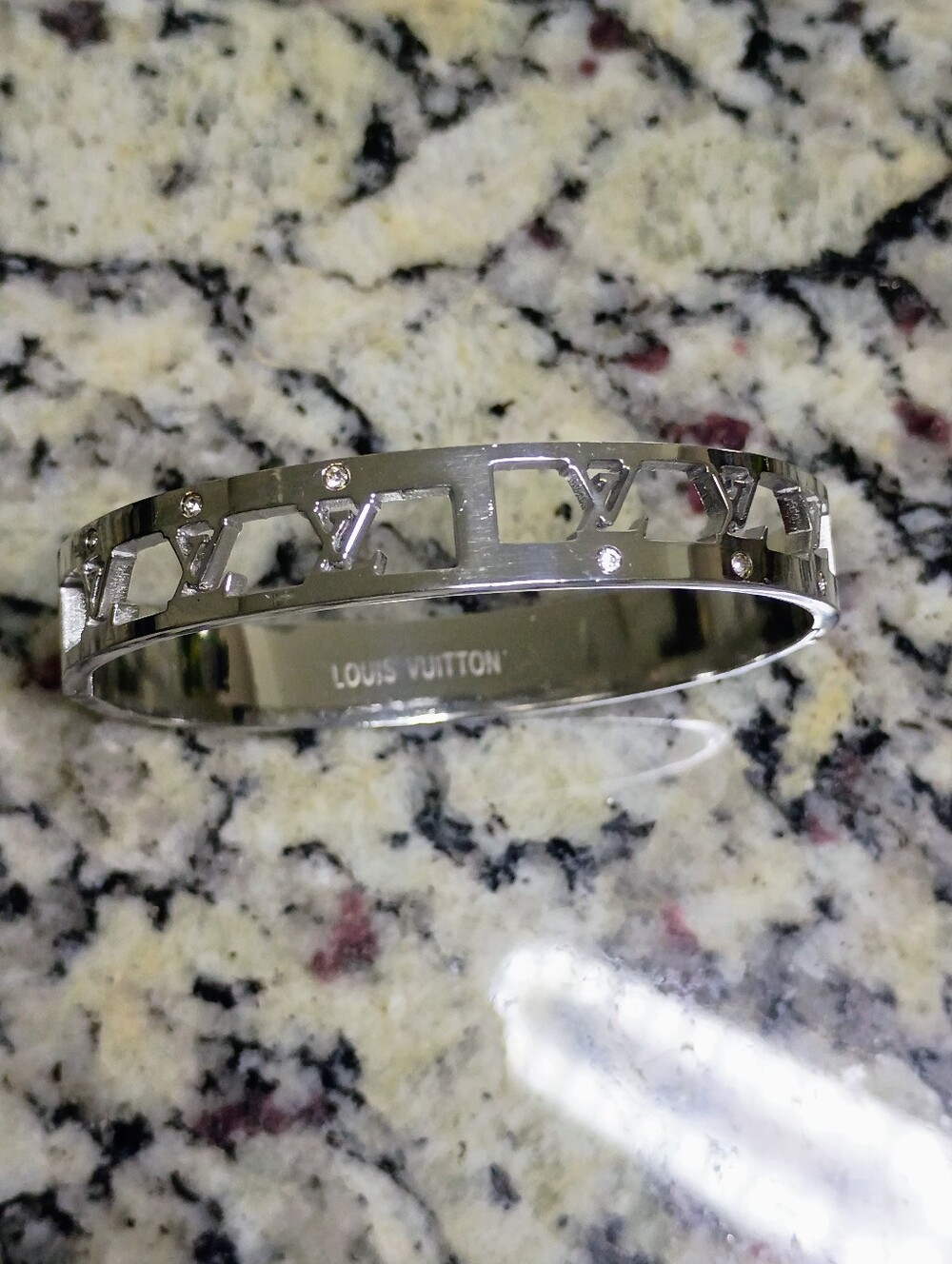 New Silver Tone Logo Cutout Bangle with Crystal Accents Fashion Jewelry